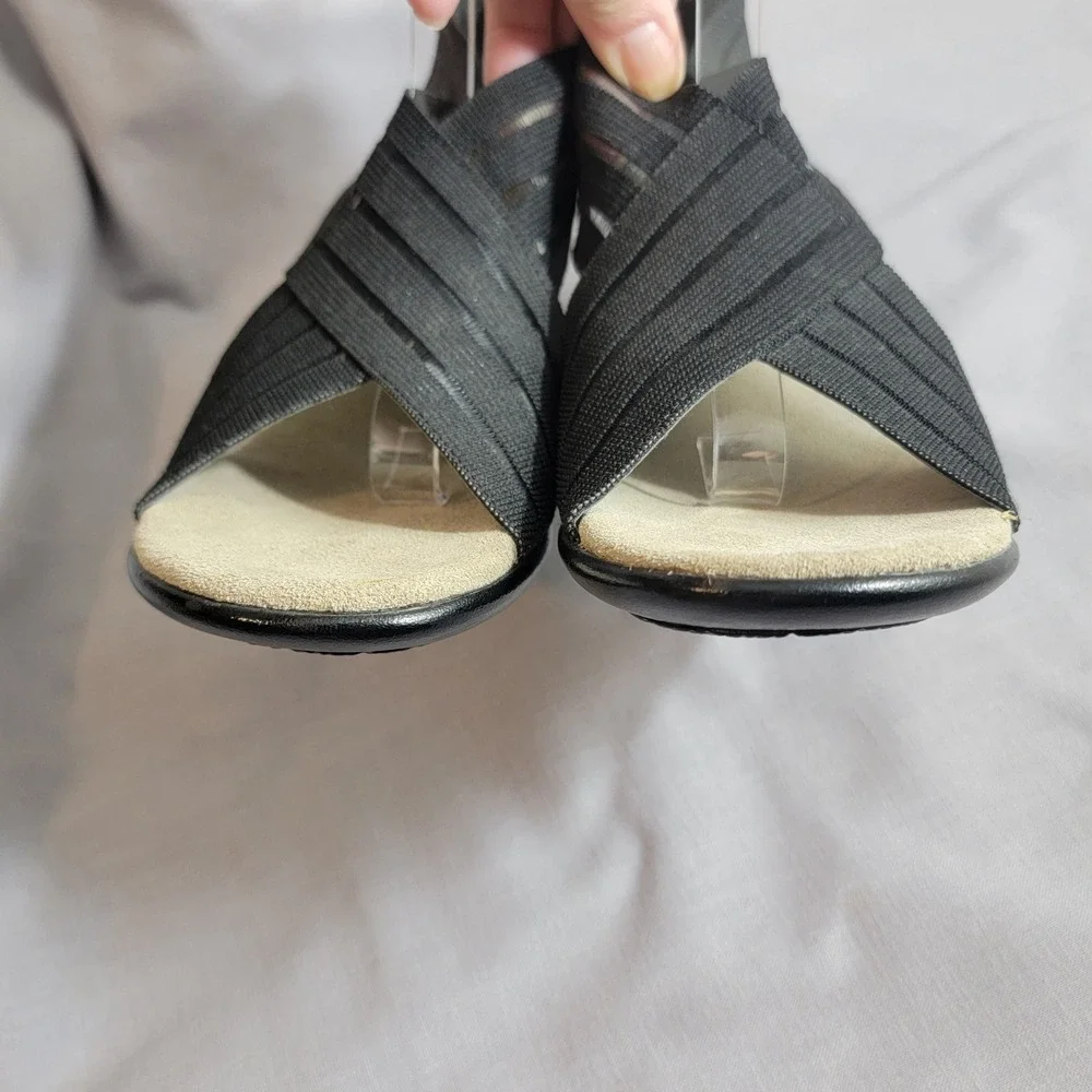 Charleston Shoe Co NEW Black Elastic Strappy Sandals Heels Croc Embossed Heel 9